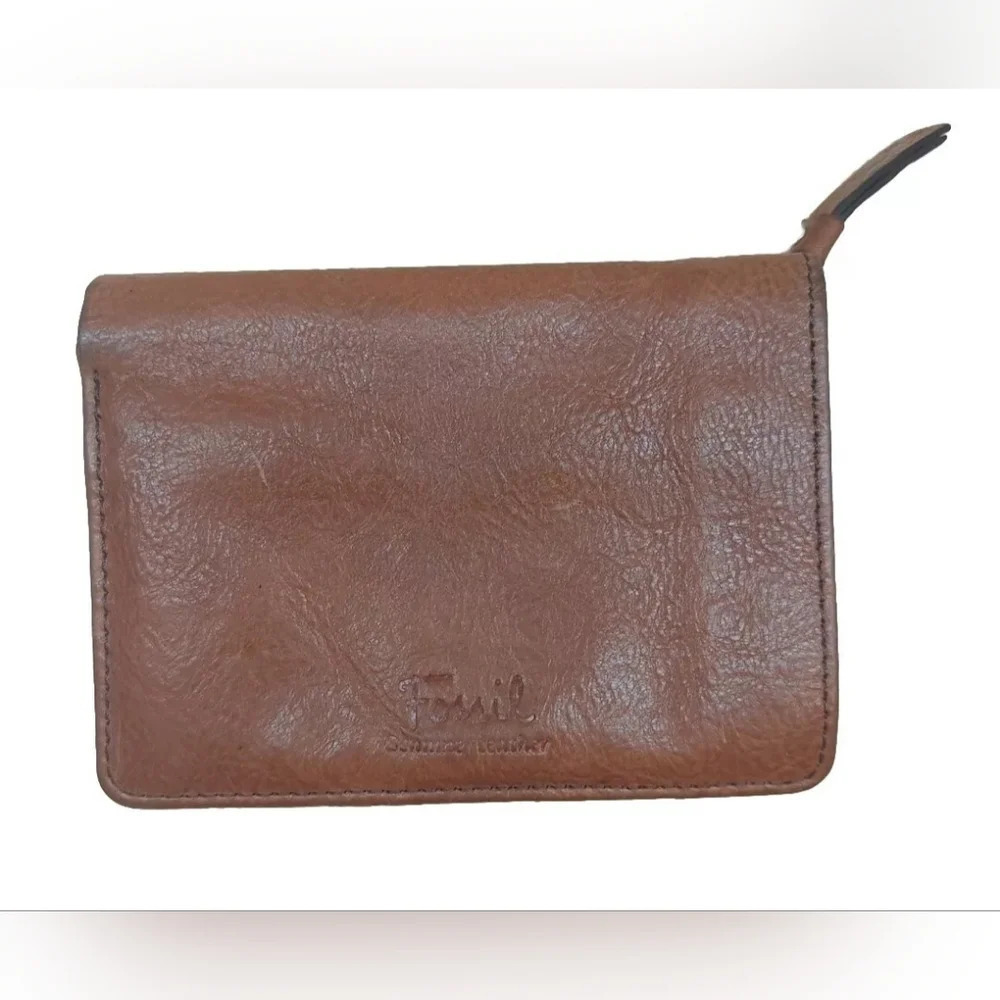 Fossil double zipper Pebbled Brown Leather wallet vintage - Picture 2 of 8